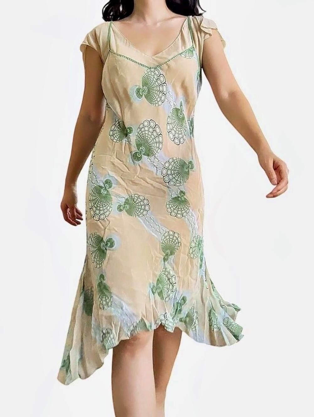 Vintage 100% Silk Max Studio Floral Midi Dress in Cream & Green Size Medium